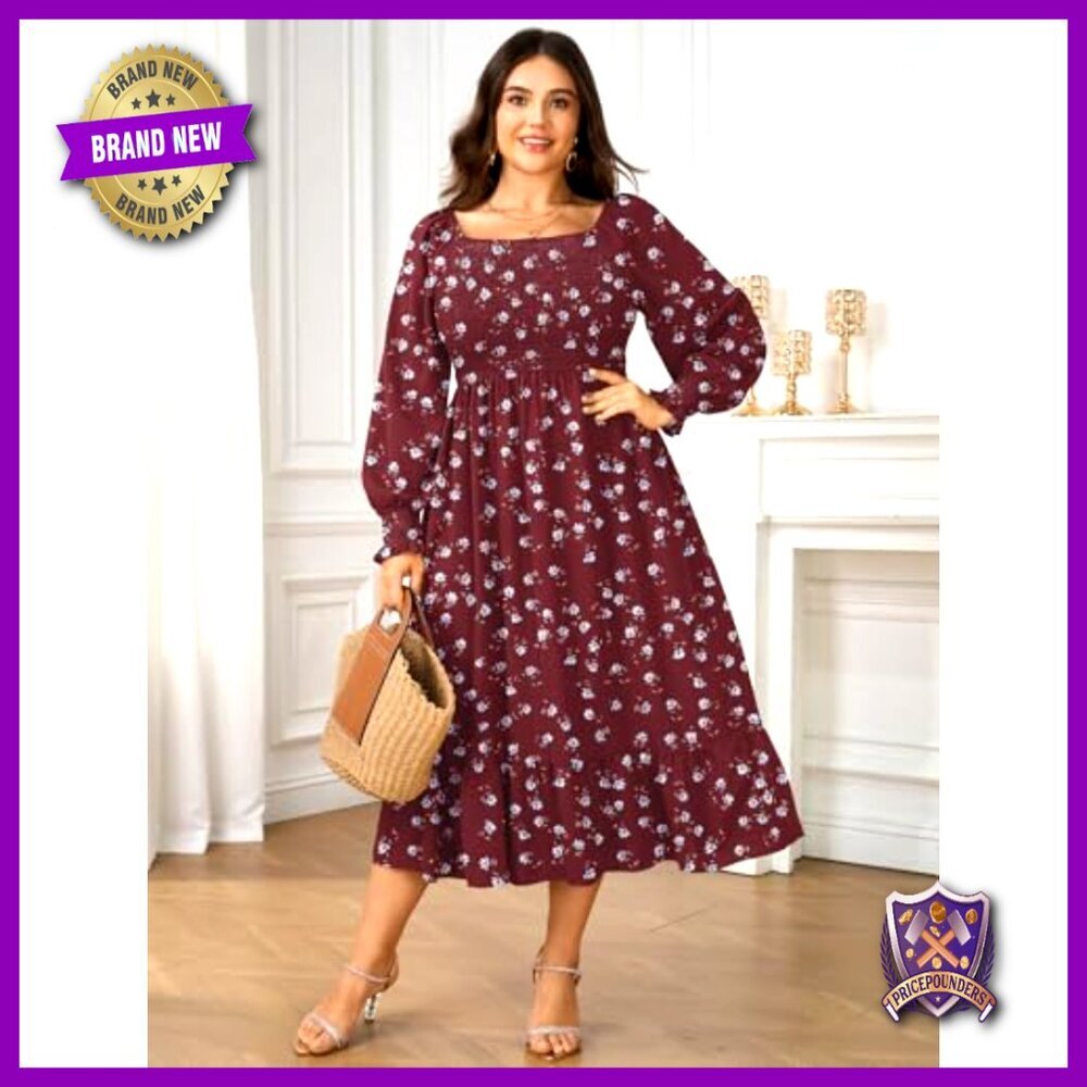 Plus Size Maxi Dress Long Sleeve Square Neck Smocked Ruffle Swing Flowy - Picture 2 of 7